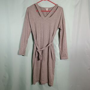 Women's Gray Sweater Dress Tie Waist Long Sleeve V Neck Casual Knit Dress